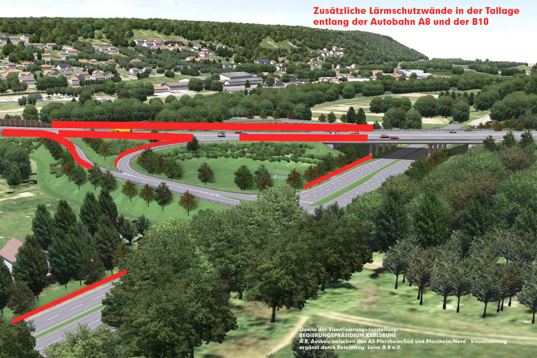 Anschlussstelle Pforzheim-Ost, B10, Blickrichtung Niefern-Vorort Foto: RP Karlsruhe, Überarbeitet von Leise A8 e.V. um unsere Forderungen zu visualisieren Anschlussstelle Pforzheim-Ost, B10, Blickrichtung Niefern-Vorort Foto: RP Karlsruhe, Überarbeitet von Leise A8 e.V. um unsere Forderungen zu visualisieren