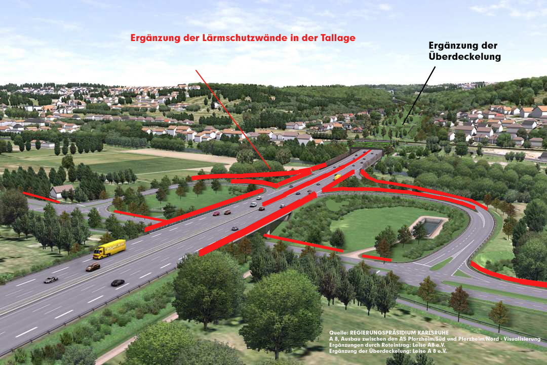 Anschlussstelle Pforzheim-Ost, Blickrichtung Eutingen KA Foto: RP Karlsruhe, Überarbeitet von Leise A8 e.V. um unsere Forderungen zu visualisieren Anschlussstelle Pforzheim-Ost, Blickrichtung Eutingen KA Foto: RP Karlsruhe, Überarbeitet von Leise A8 e.V. um unsere Forderungen zu visualisieren